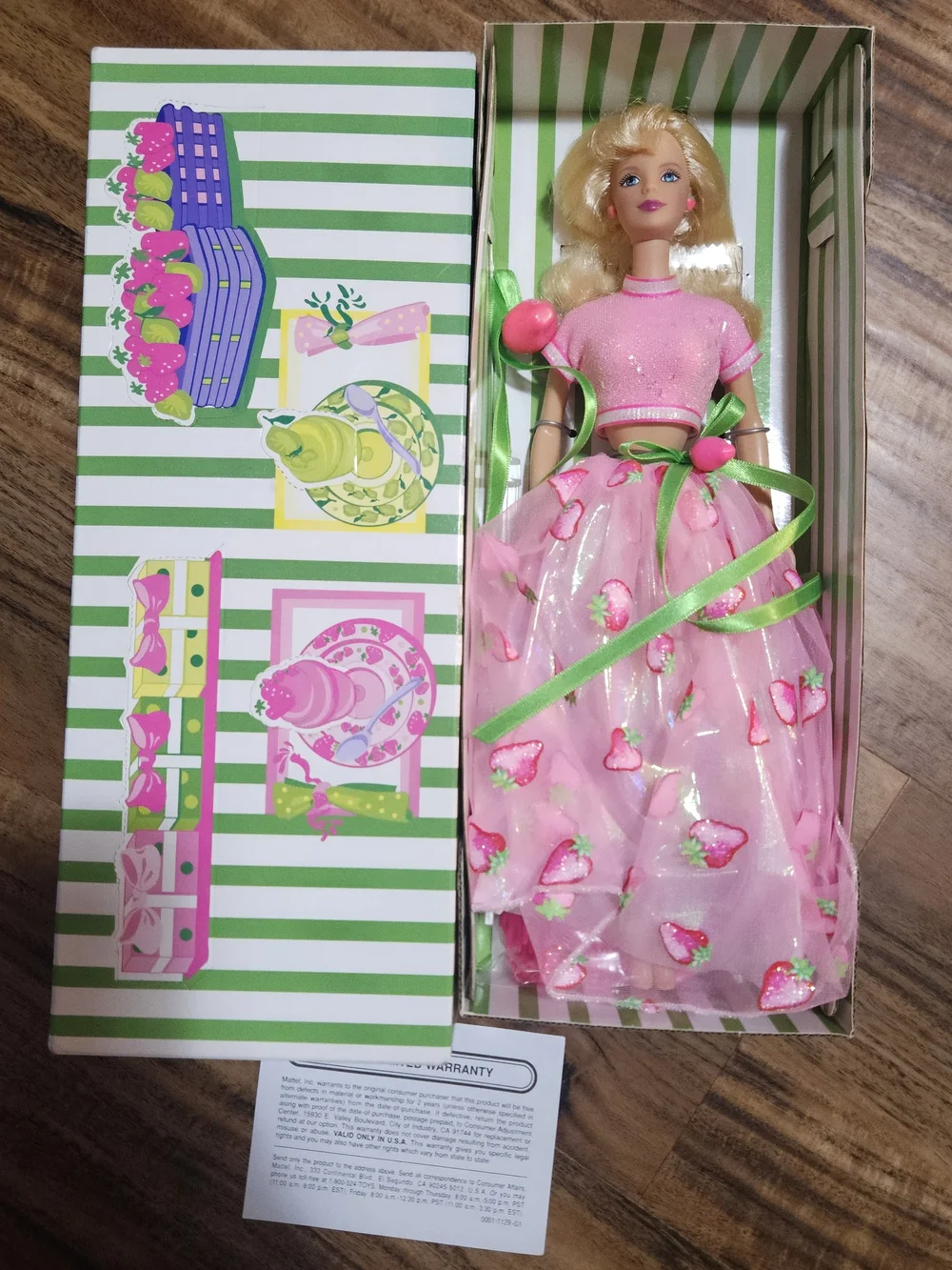 Barbie Pink Strawberry-Appliqué Gown with Green Ribbon